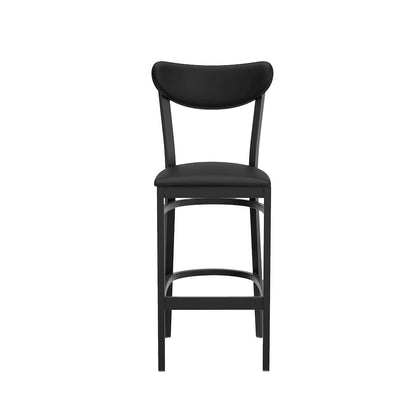 Barstool, Black Steel Frame, Black Vinyl Boomerang Back, and Black Vinyl Seat