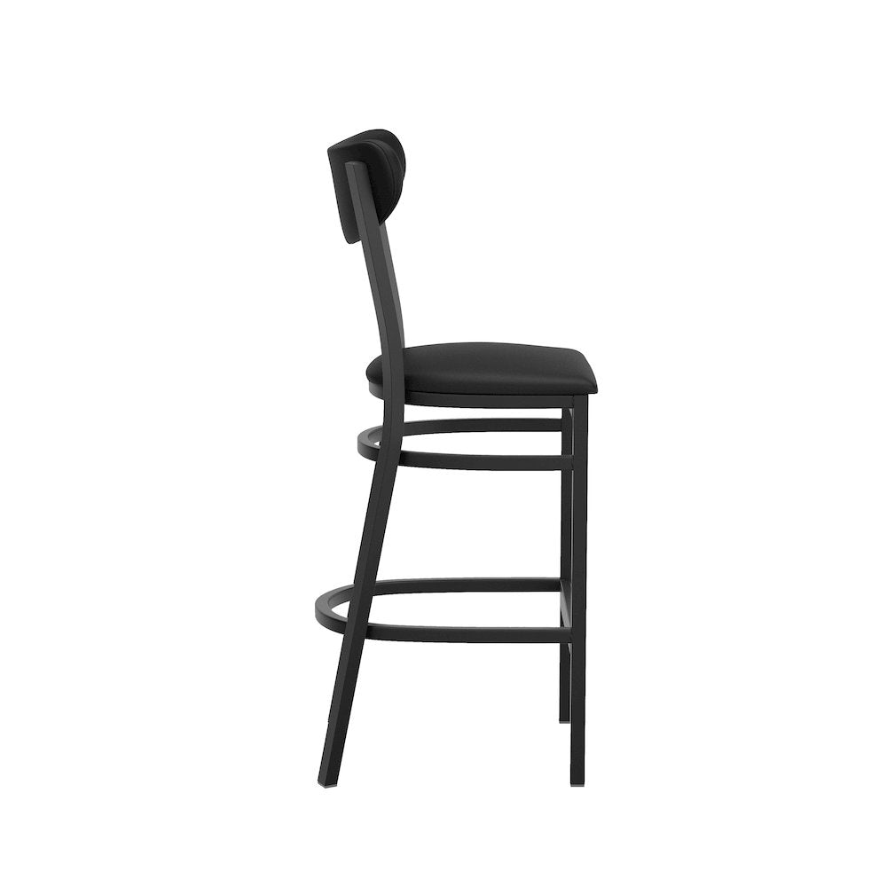Barstool, Black Steel Frame, Black Vinyl Boomerang Back, and Black Vinyl Seat