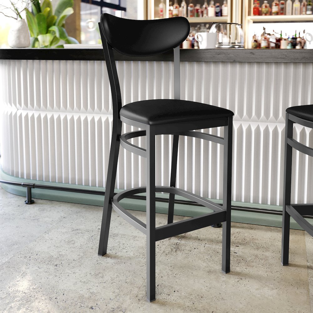 Barstool, Black Steel Frame, Black Vinyl Boomerang Back, and Black Vinyl Seat