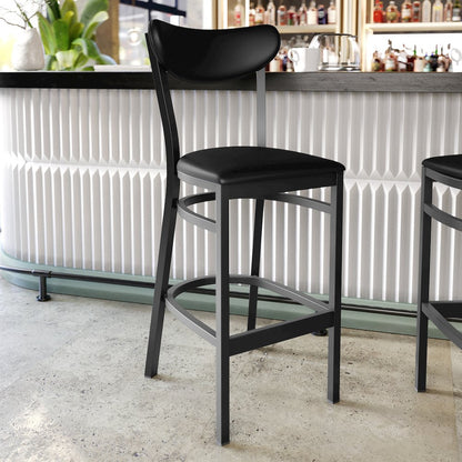 Barstool, Black Steel Frame, Black Vinyl Boomerang Back, and Black Vinyl Seat