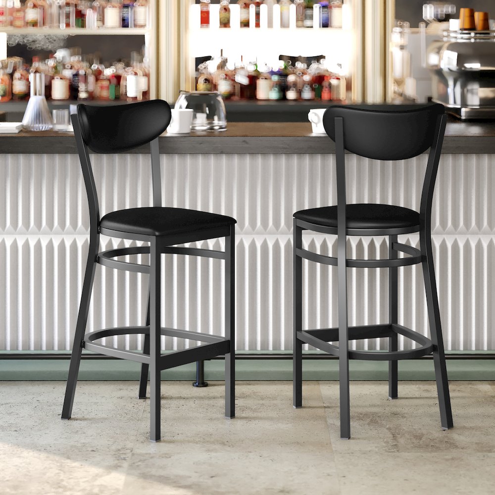 Barstool, Black Steel Frame, Black Vinyl Boomerang Back, and Black Vinyl Seat