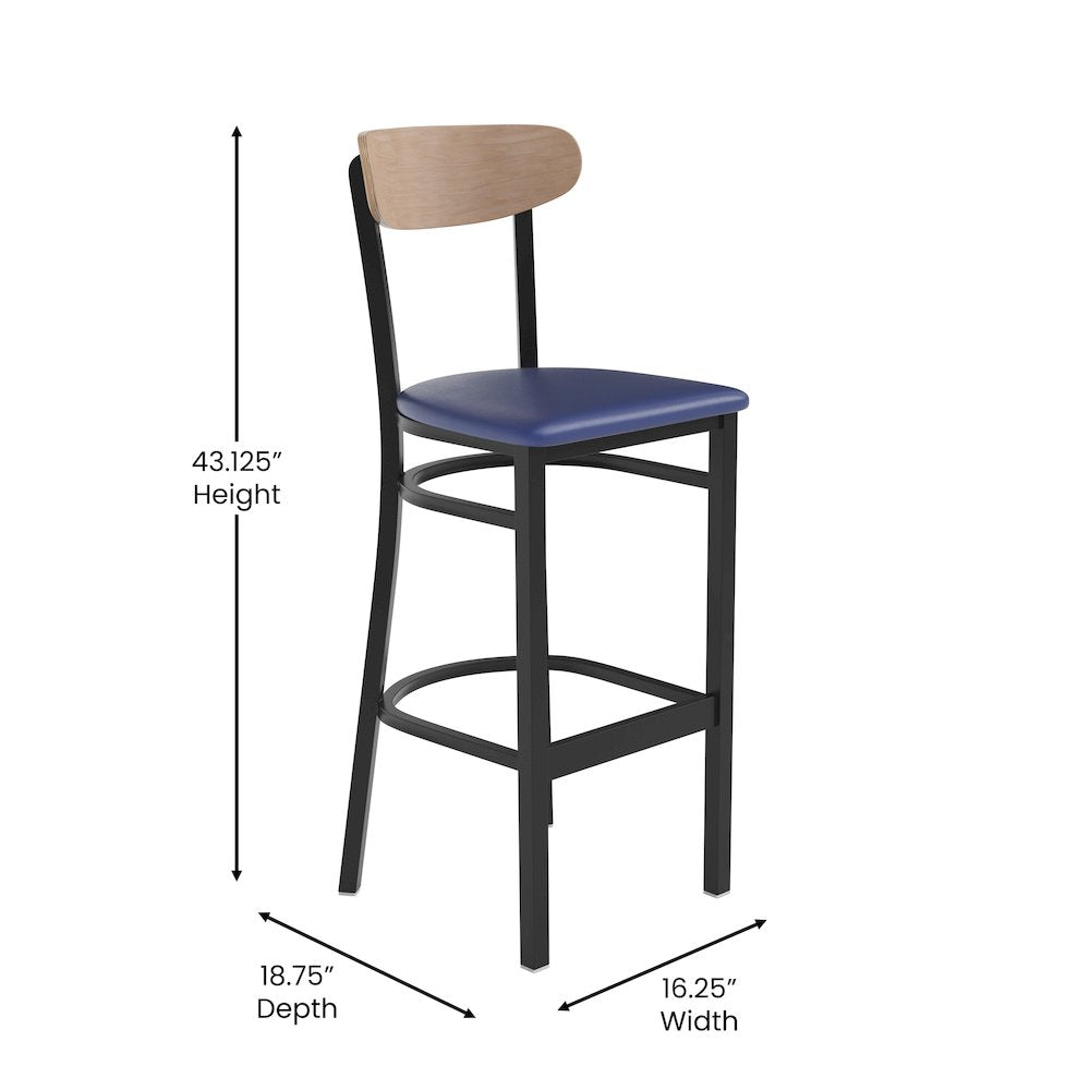 Barstool, Natural Birch Finish Wooden Boomerang Back, and Blue Vinyl Seat