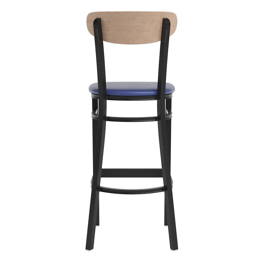 Barstool, Natural Birch Finish Wooden Boomerang Back, and Blue Vinyl Seat