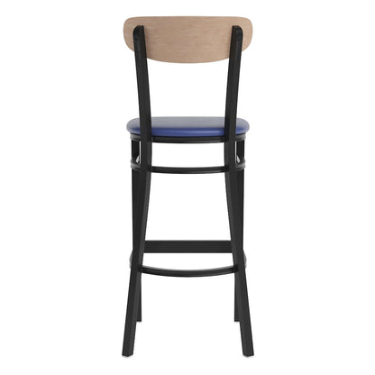 Barstool, Natural Birch Finish Wooden Boomerang Back, and Blue Vinyl Seat