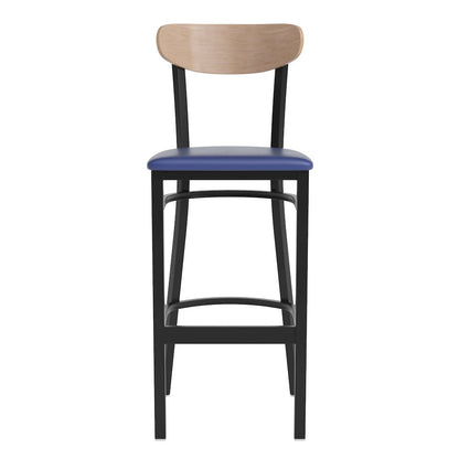 Barstool, Natural Birch Finish Wooden Boomerang Back, and Blue Vinyl Seat