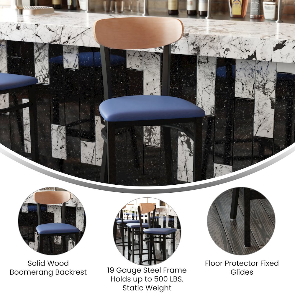 Barstool, Natural Birch Finish Wooden Boomerang Back, and Blue Vinyl Seat