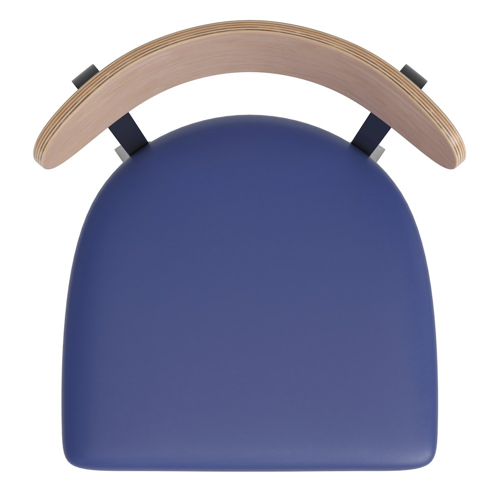 Barstool, Natural Birch Finish Wooden Boomerang Back, and Blue Vinyl Seat
