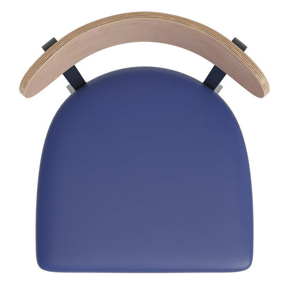 Barstool, Natural Birch Finish Wooden Boomerang Back, and Blue Vinyl Seat