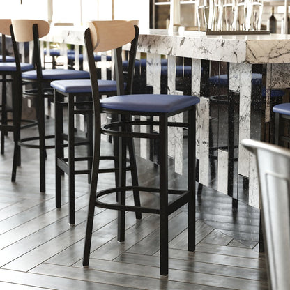 Barstool, Natural Birch Finish Wooden Boomerang Back, and Blue Vinyl Seat
