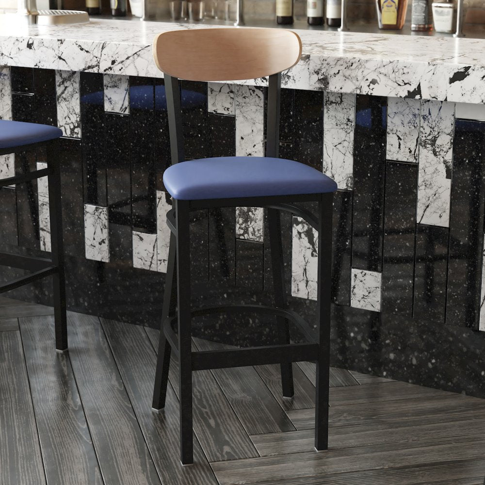Barstool, Natural Birch Finish Wooden Boomerang Back, and Blue Vinyl Seat