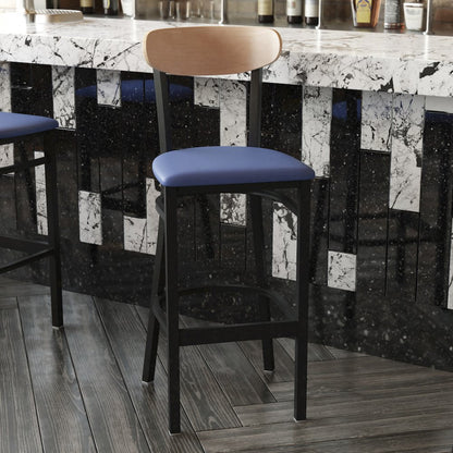 Barstool, Natural Birch Finish Wooden Boomerang Back, and Blue Vinyl Seat