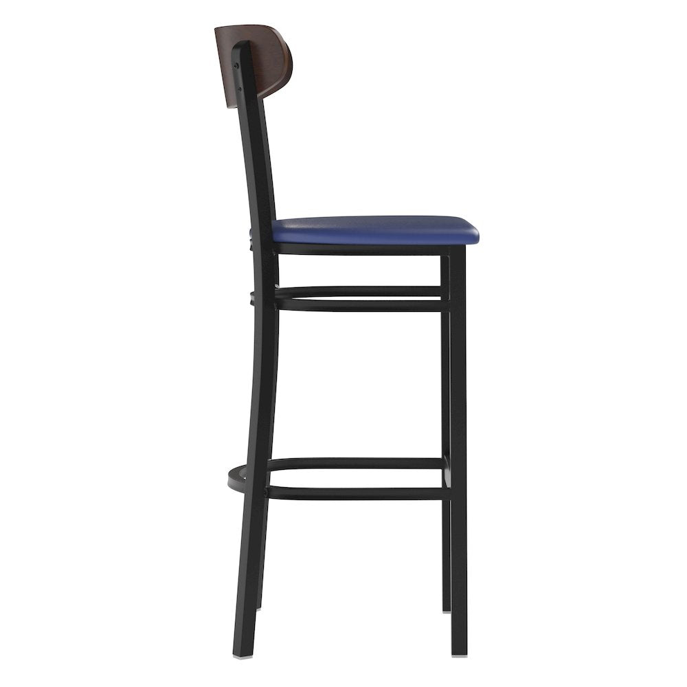 Barstool, Wooden Boomerang Back, and Blue Vinyl Seat