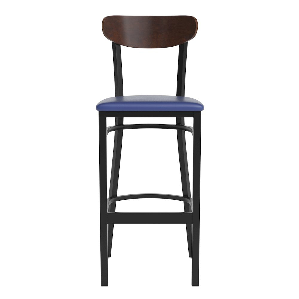 Barstool, Wooden Boomerang Back, and Blue Vinyl Seat