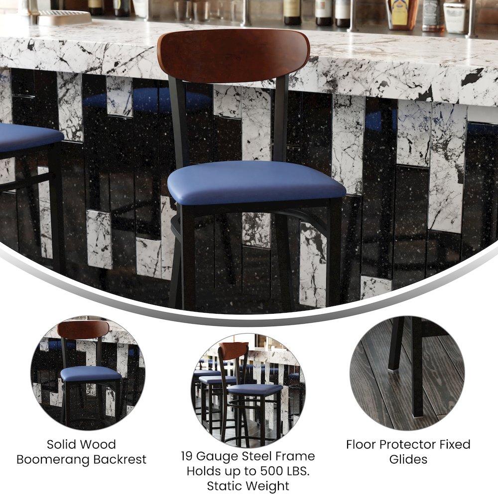 Barstool, Wooden Boomerang Back, and Blue Vinyl Seat