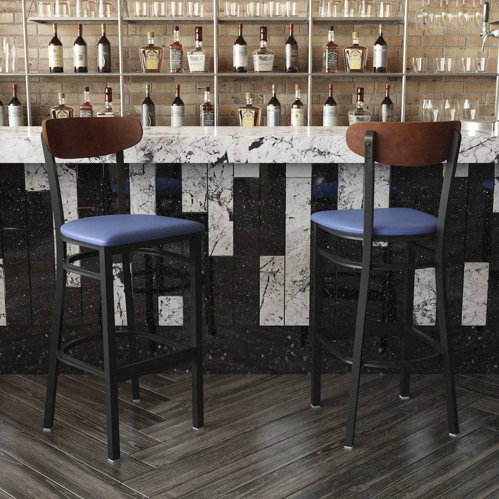 Barstool, Wooden Boomerang Back, and Blue Vinyl Seat