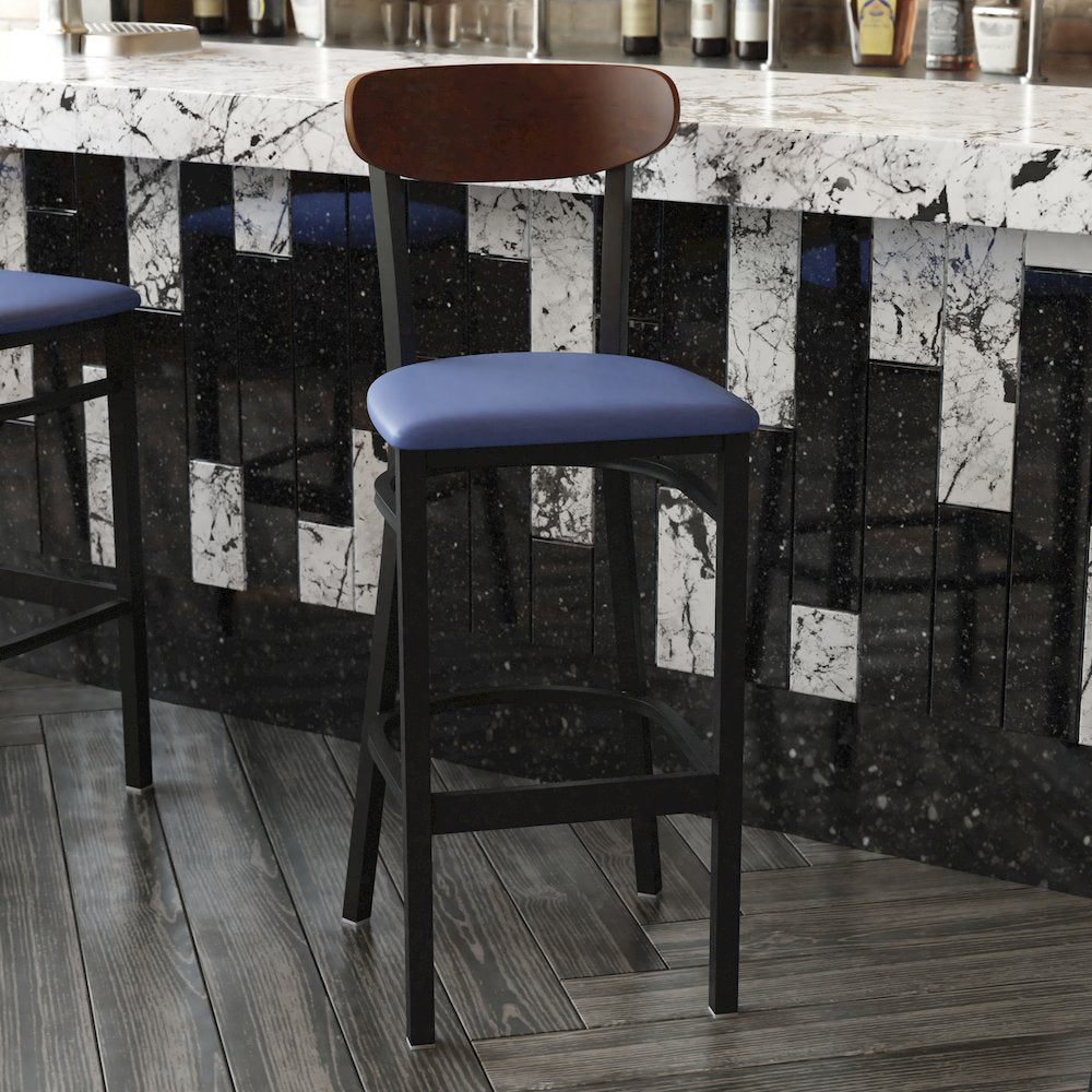 Barstool, Wooden Boomerang Back, and Blue Vinyl Seat