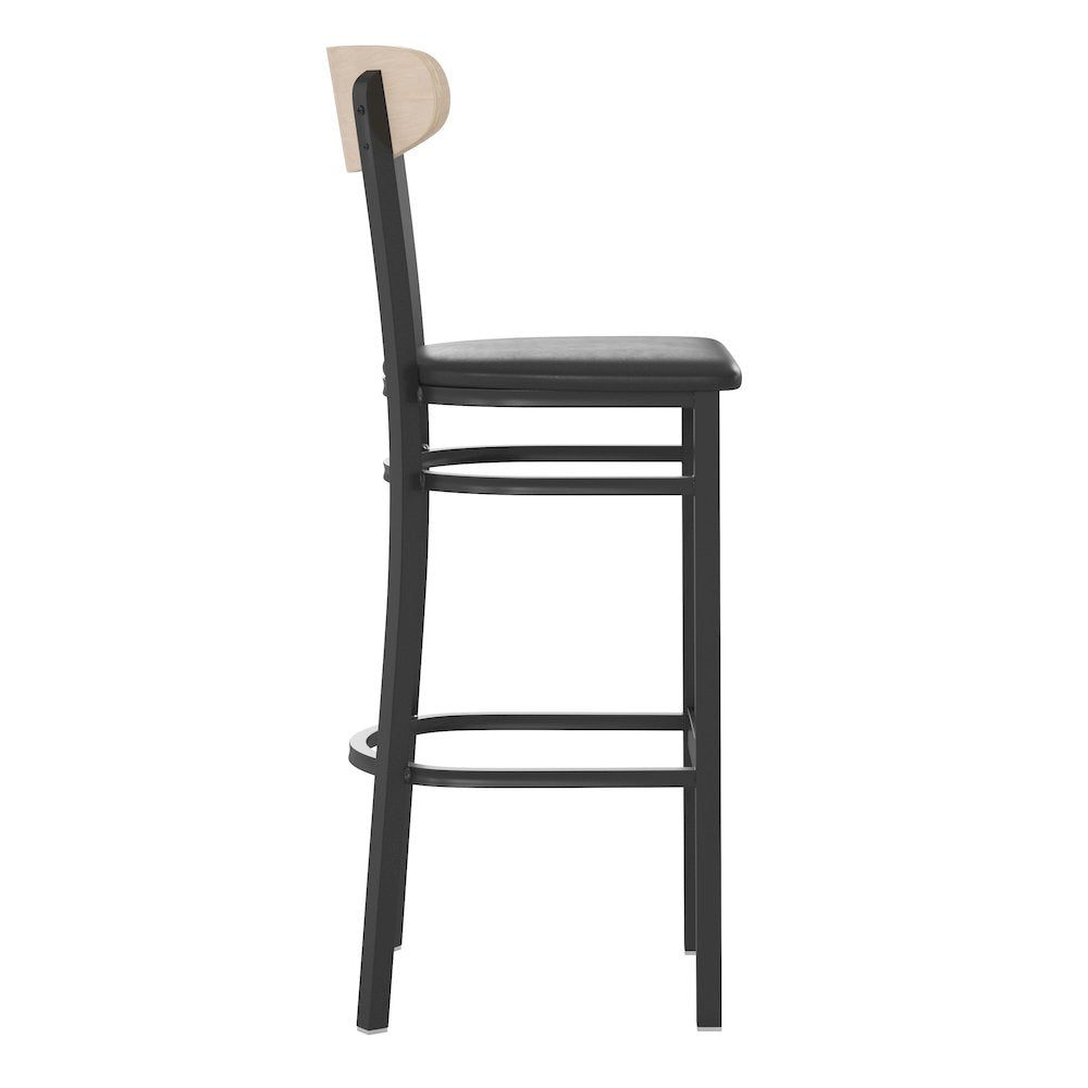Commercial Bar Stool with Vinyl Upholstered Seat and Wood Boomerang Back