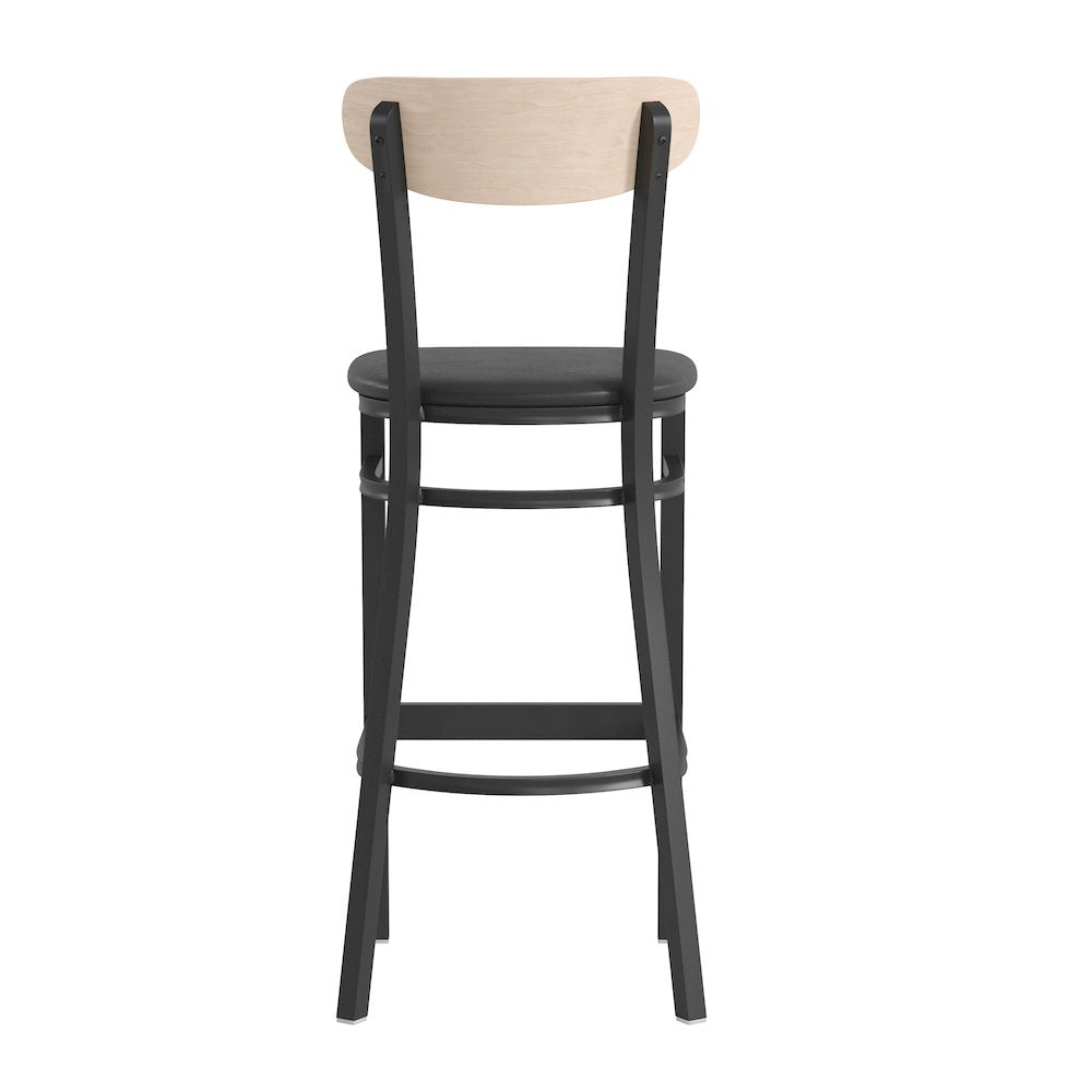 Commercial Bar Stool with Vinyl Upholstered Seat and Wood Boomerang Back