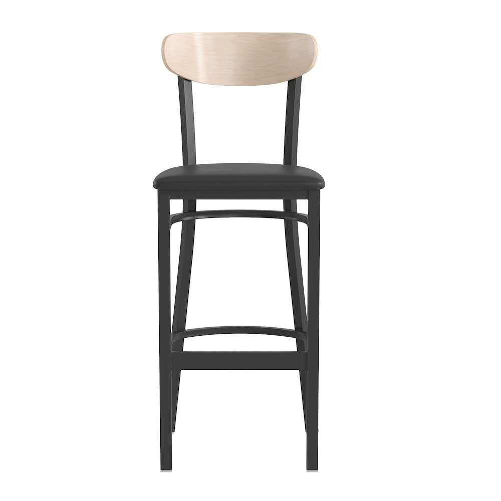 Commercial Bar Stool with Vinyl Upholstered Seat and Wood Boomerang Back