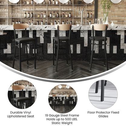Commercial Bar Stool with Vinyl Upholstered Seat and Wood Boomerang Back