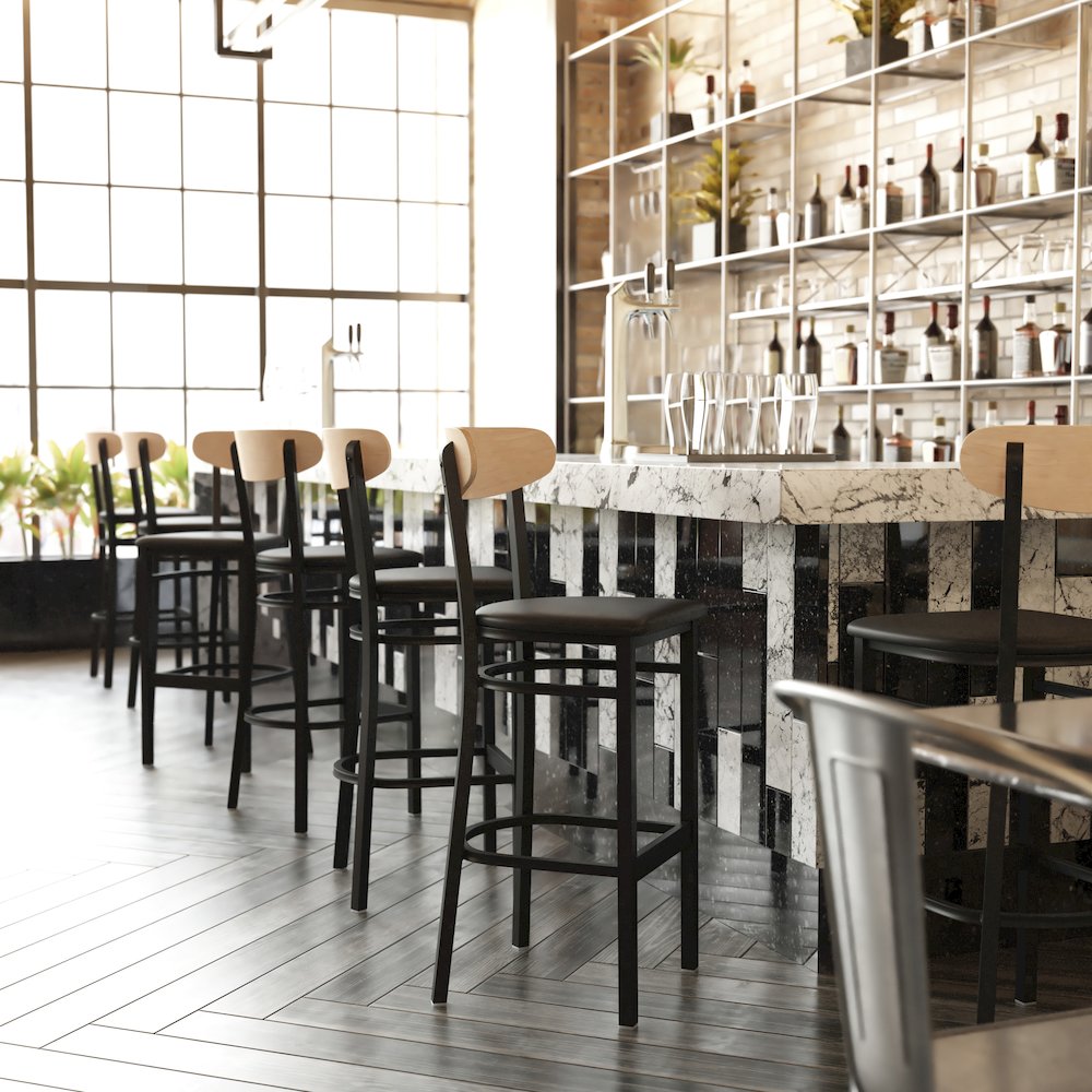 Commercial Bar Stool with Vinyl Upholstered Seat and Wood Boomerang Back