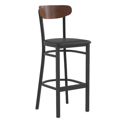 Commercial Bar Stool with Vinyl Upholstered Seat and Wood Boomerang Back