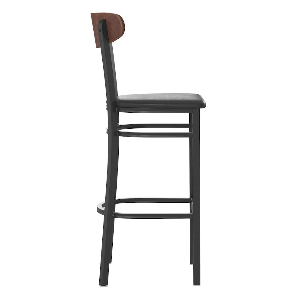 Commercial Bar Stool with Vinyl Upholstered Seat and Wood Boomerang Back