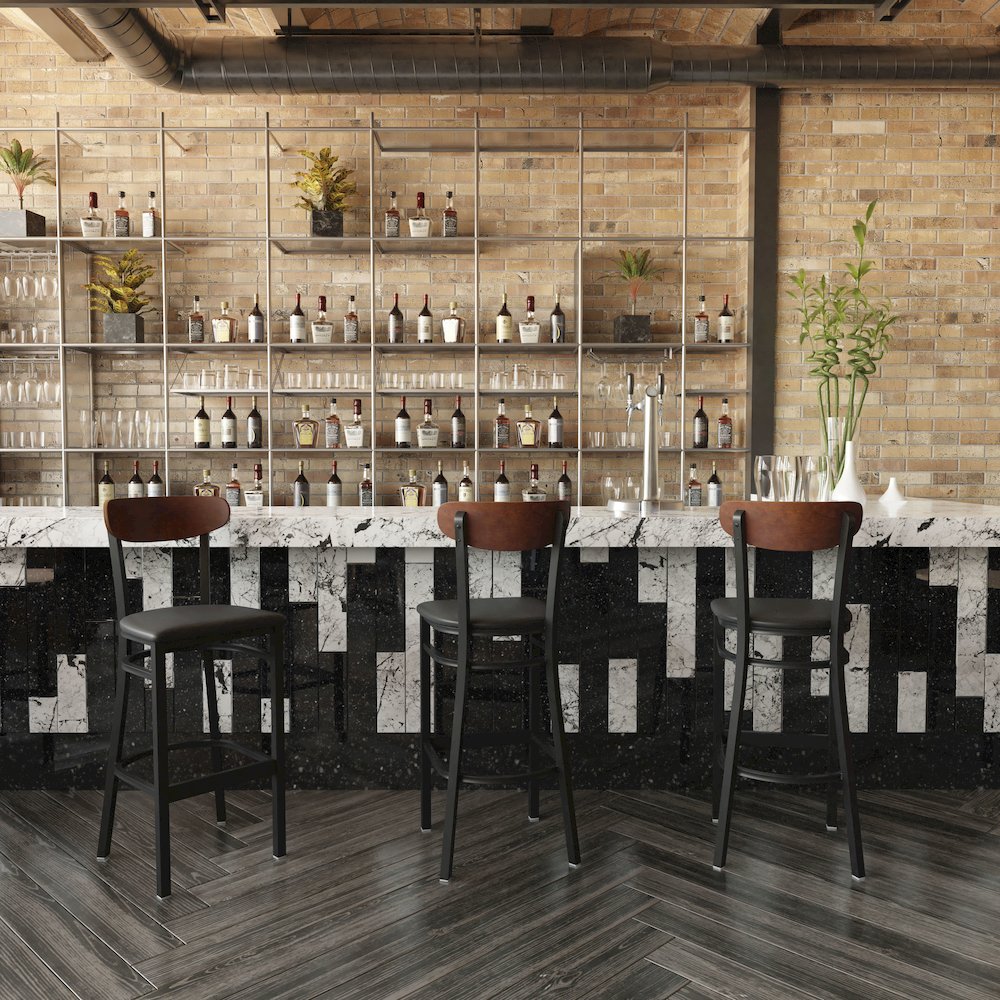Commercial Bar Stool with Vinyl Upholstered Seat and Wood Boomerang Back