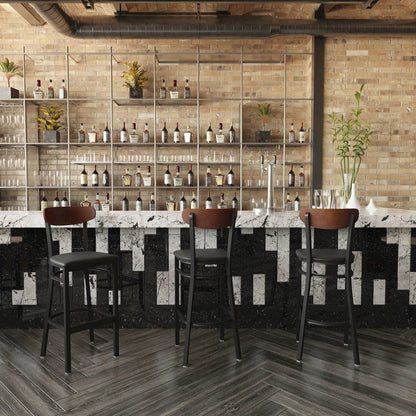 Commercial Bar Stool with Vinyl Upholstered Seat and Wood Boomerang Back