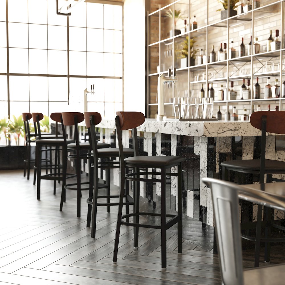 Commercial Bar Stool with Vinyl Upholstered Seat and Wood Boomerang Back