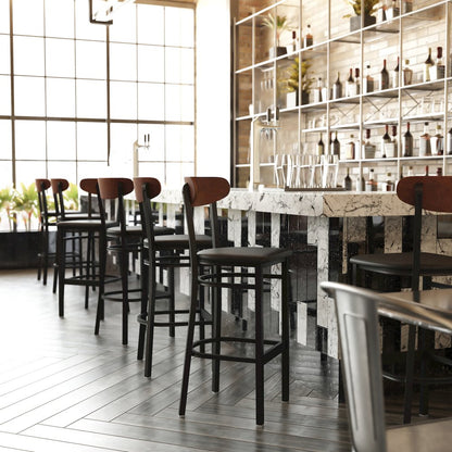 Commercial Bar Stool with Vinyl Upholstered Seat and Wood Boomerang Back