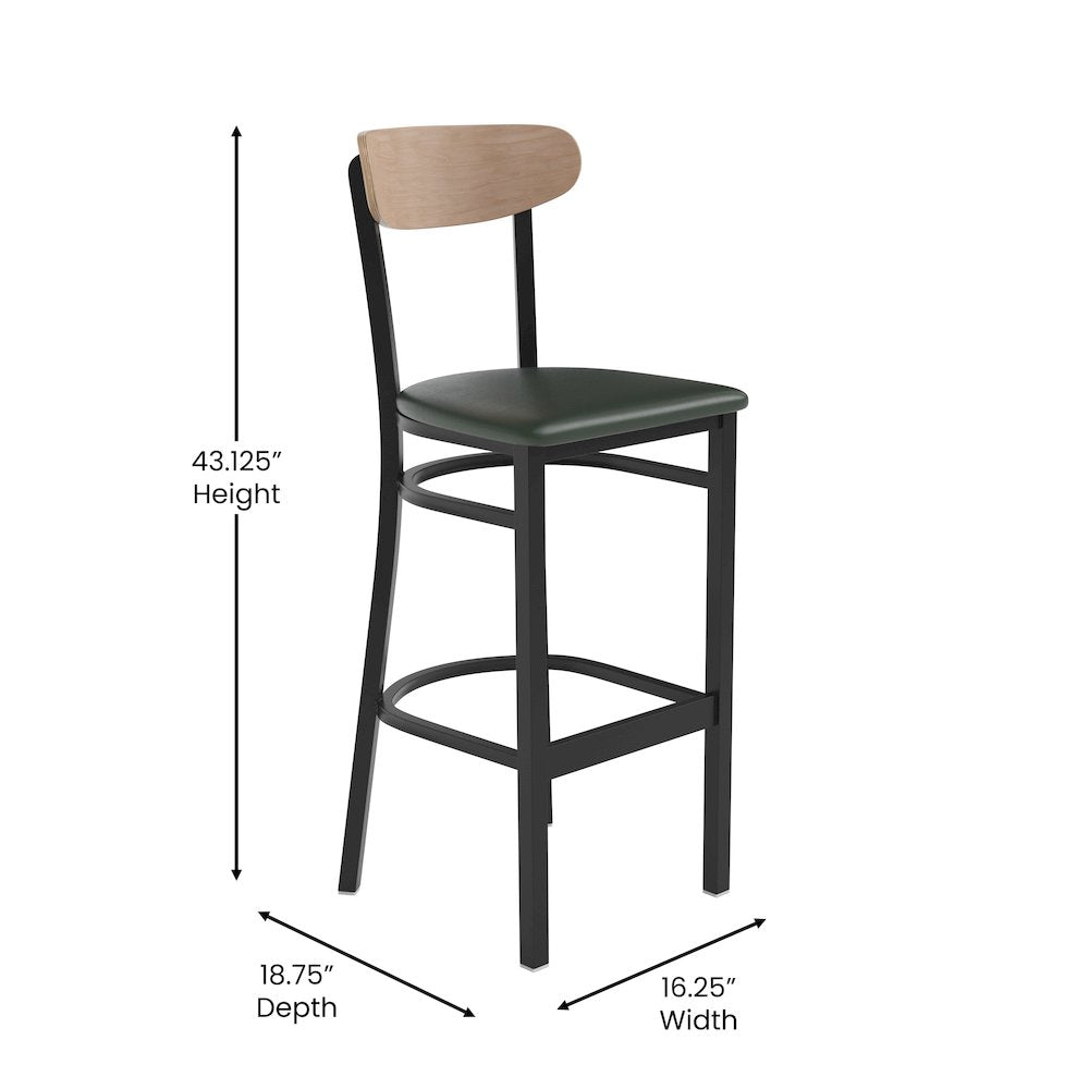 Barstool, Natural Birch Finish Wooden Boomerang Back, and Green Vinyl Seat