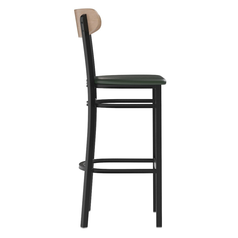 Barstool, Natural Birch Finish Wooden Boomerang Back, and Green Vinyl Seat