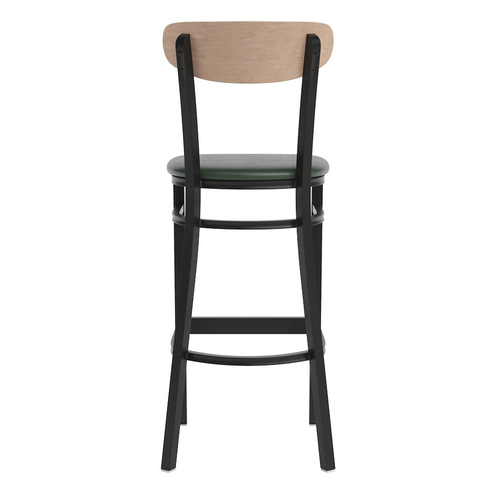 Barstool, Natural Birch Finish Wooden Boomerang Back, and Green Vinyl Seat