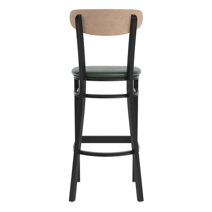 Barstool, Natural Birch Finish Wooden Boomerang Back, and Green Vinyl Seat