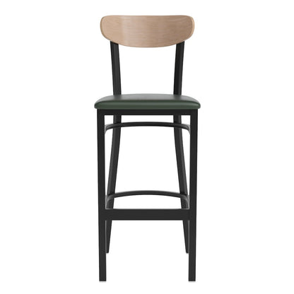 Barstool, Natural Birch Finish Wooden Boomerang Back, and Green Vinyl Seat