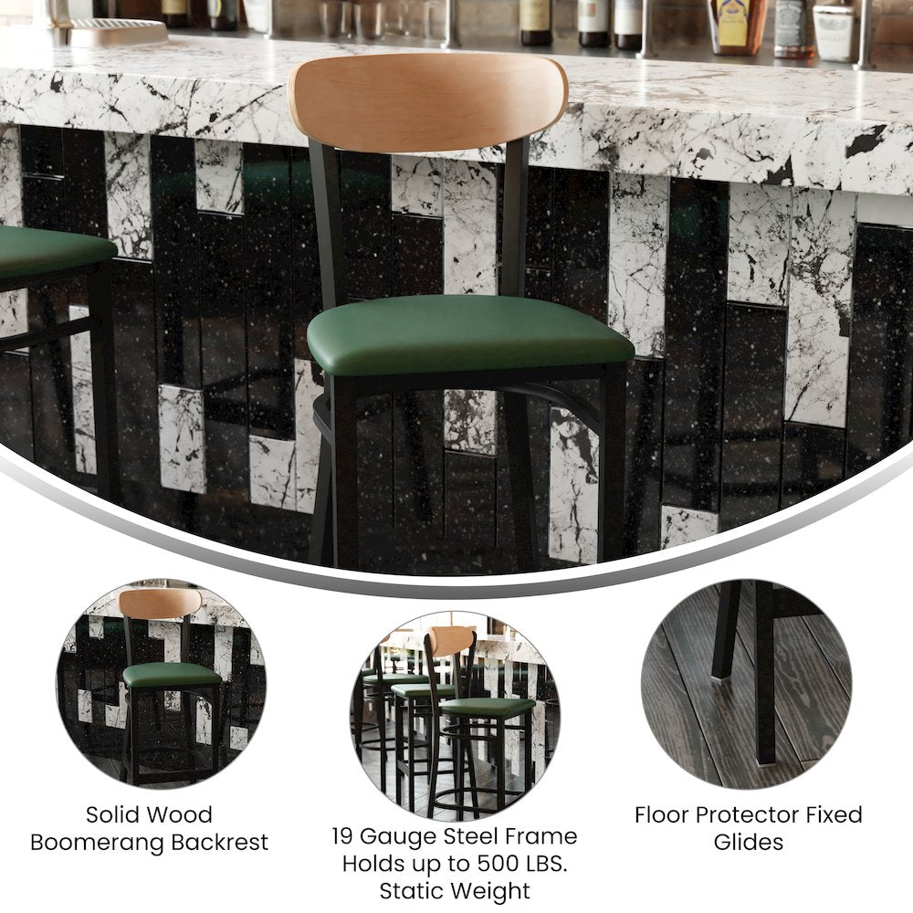 Barstool, Natural Birch Finish Wooden Boomerang Back, and Green Vinyl Seat