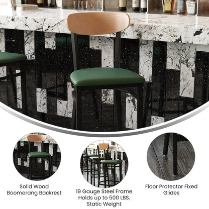 Barstool, Natural Birch Finish Wooden Boomerang Back, and Green Vinyl Seat
