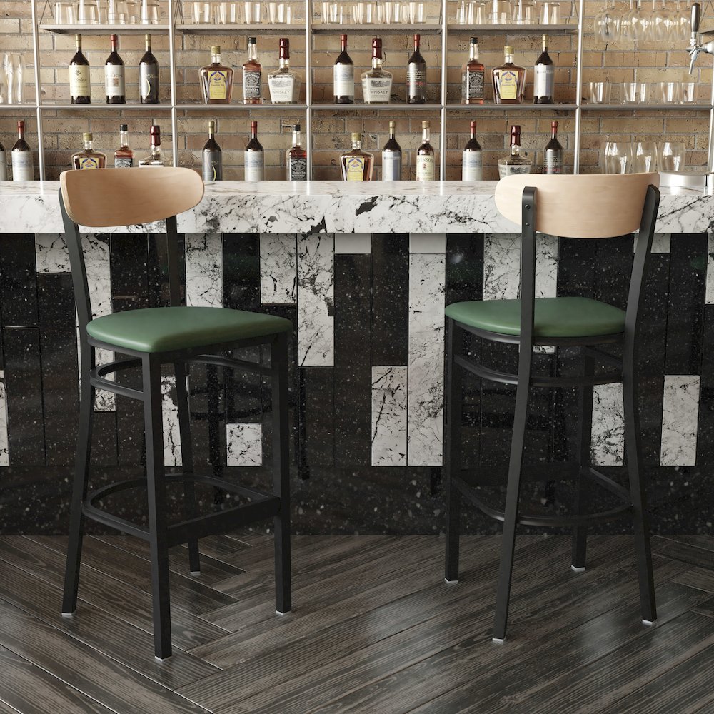 Barstool, Natural Birch Finish Wooden Boomerang Back, and Green Vinyl Seat