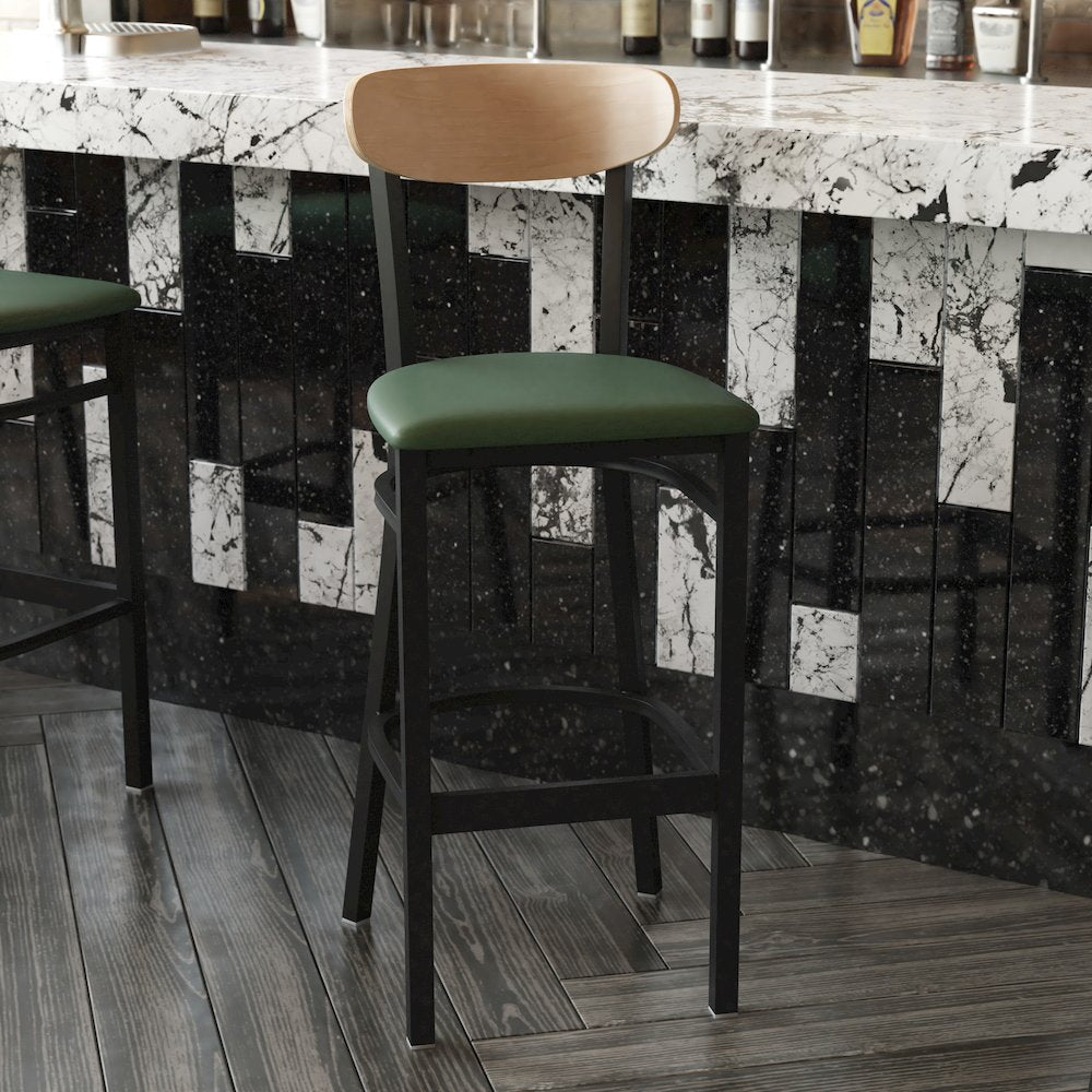 Barstool, Natural Birch Finish Wooden Boomerang Back, and Green Vinyl Seat