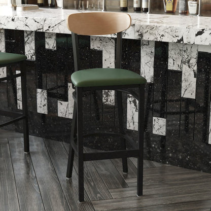 Barstool, Natural Birch Finish Wooden Boomerang Back, and Green Vinyl Seat