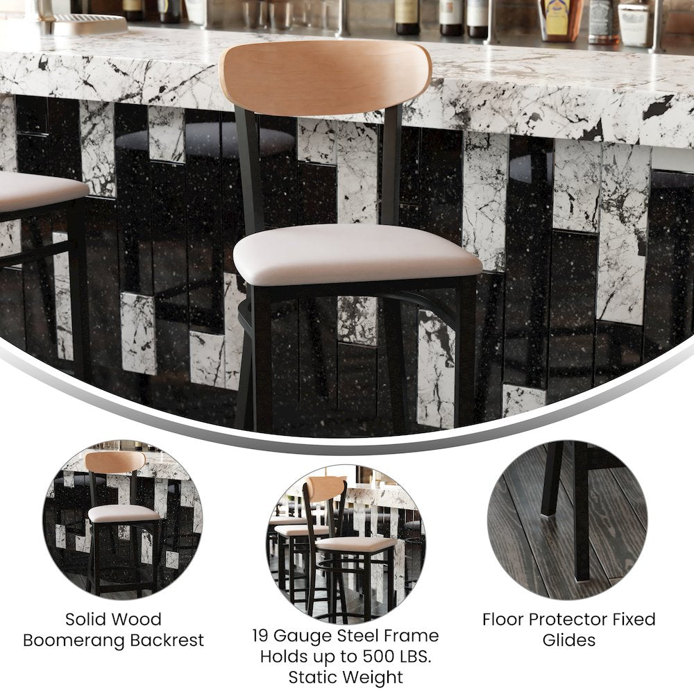 Commercial Bar Stool with Vinyl Upholstered Seat and Wood Boomerang Back