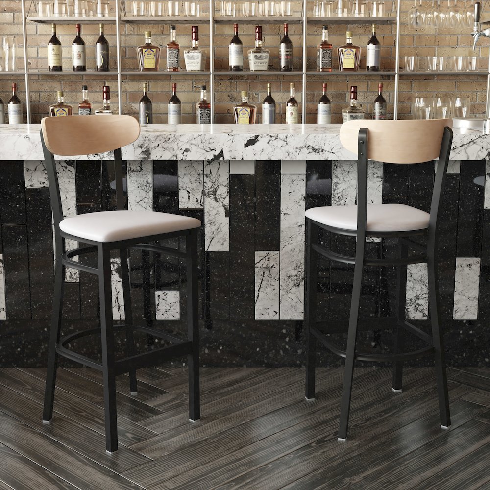 Commercial Bar Stool with Vinyl Upholstered Seat and Wood Boomerang Back