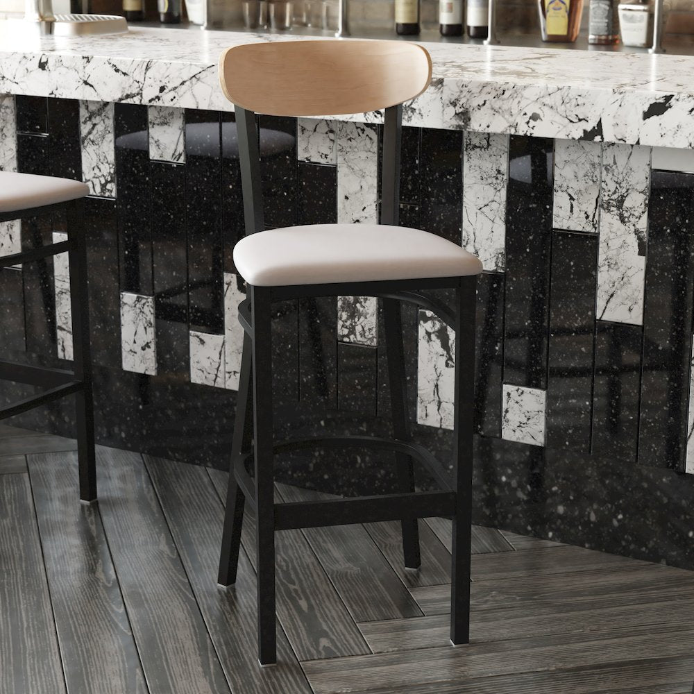 Commercial Bar Stool with Vinyl Upholstered Seat and Wood Boomerang Back