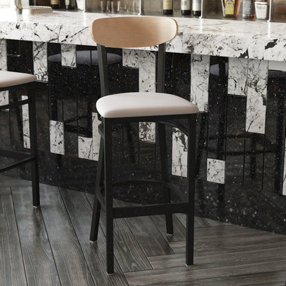 Commercial Bar Stool with Vinyl Upholstered Seat and Wood Boomerang Back