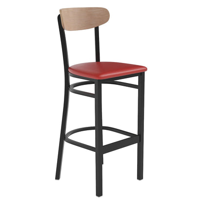 Barstool, Natural Birch Finish Wooden Boomerang Back, and Red Vinyl Seat