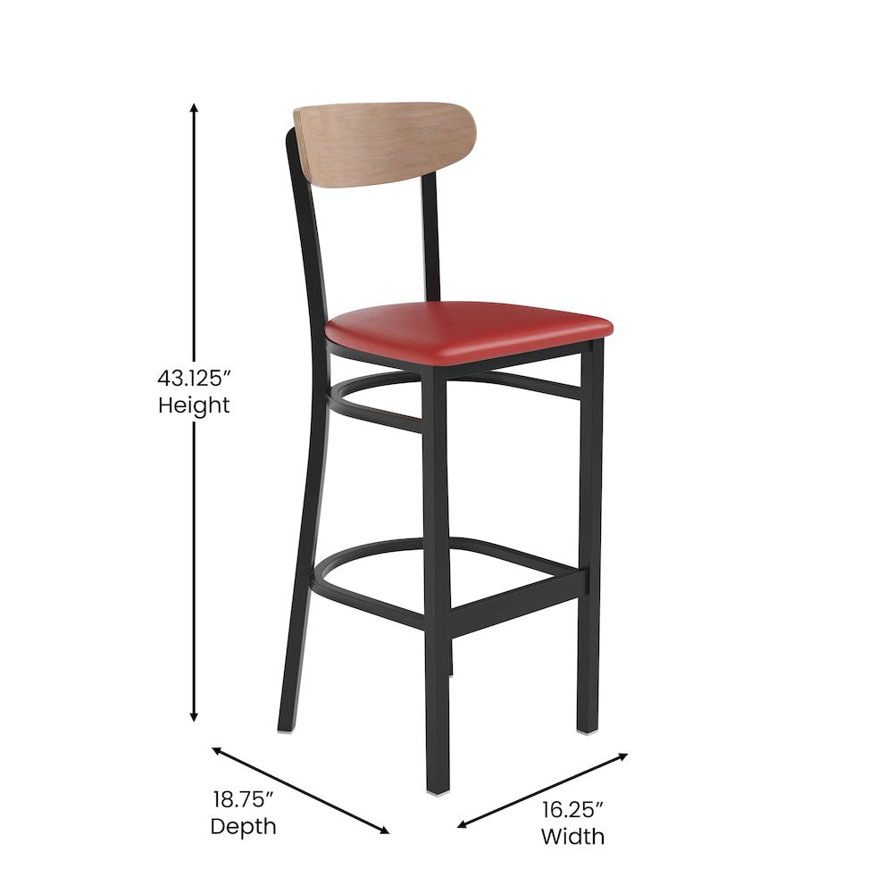 Barstool, Natural Birch Finish Wooden Boomerang Back, and Red Vinyl Seat