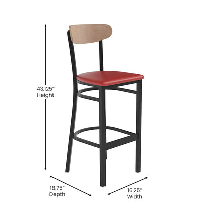 Barstool, Natural Birch Finish Wooden Boomerang Back, and Red Vinyl Seat