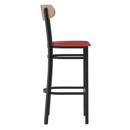 Barstool, Natural Birch Finish Wooden Boomerang Back, and Red Vinyl Seat