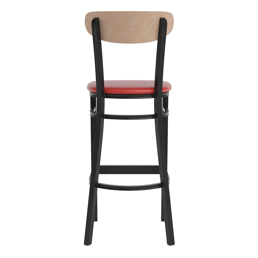 Barstool, Natural Birch Finish Wooden Boomerang Back, and Red Vinyl Seat